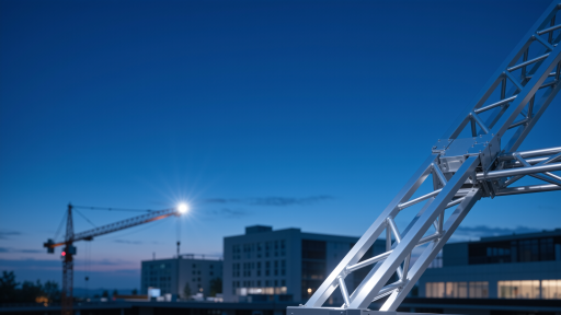 Futuristic suspension bridge under construction with glowing cables, holographic blueprints, and robotic arms, set against a dark urban skyline at night
